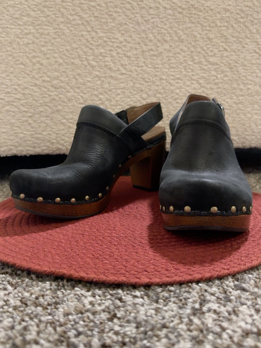 Dansko Black Leather Studded Clog Heels